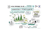 Dessin tiré de l'infographie "Viens imaginer ta vie en 2050", sur le thème "Urbanisation et retour à la nature"