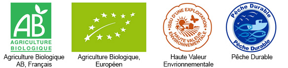 4 labels de produits alimentaires : Agroculture Biologique (AB, français), Agriculture Biologique (européen), Haute valeur environnementale (HVE), Pêche durable.