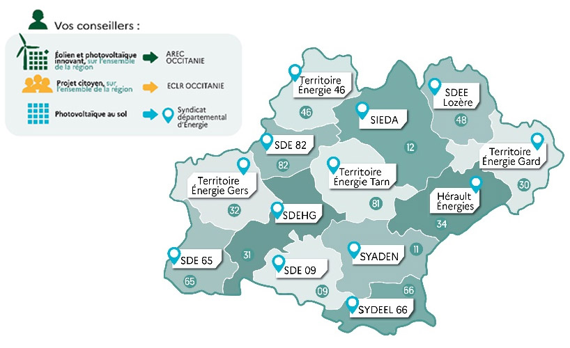 Carte de l'accompagnement des projets photovoltaïques en Occitanie (transcription ci-après)