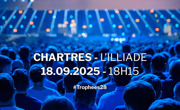 Illustration pour les Trophees des entreprises en Eure-et-Loire en 2025 avec le texte : CHARTRES - L’ILLIADE, 18.09.2025 – 18H15, #Trophees28