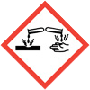 Pictogramme Corrosif, représenté par deux flacons versant un liquide corrosif sur une main et du matériau