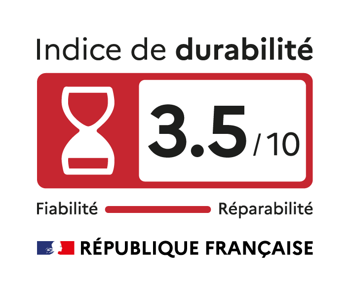 Indice de durabilité : 3,5 sur 10. Note basée sur la fiabilitié et la réparabilité. Logo de la République Française.