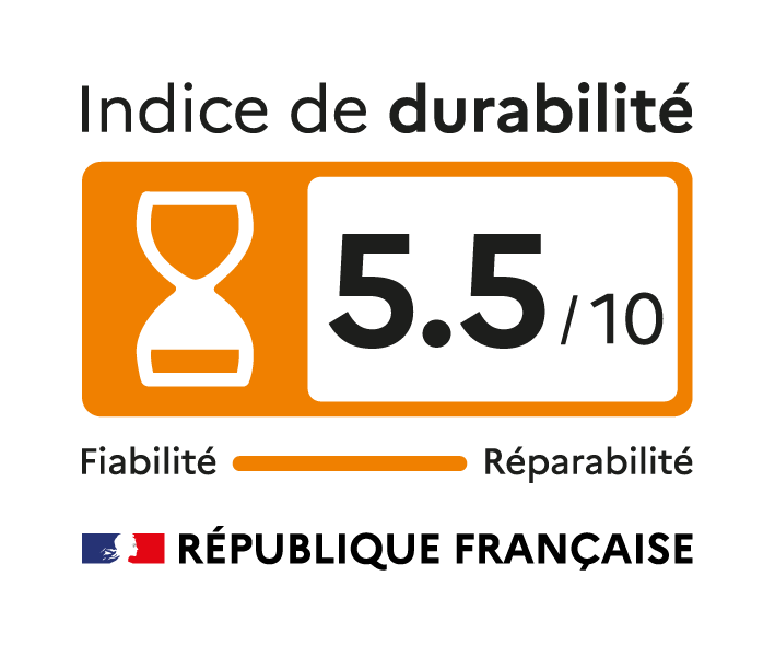 Indice de durabilité : 5,5 sur 10. Note basée sur la fiabilitié et la réparabilité. Logo de la République Française.