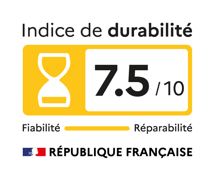 Indice de durabilité : 7,5 sur 10. Note basée sur la fiabilitié et la réparabilité. Logo de la République Française.