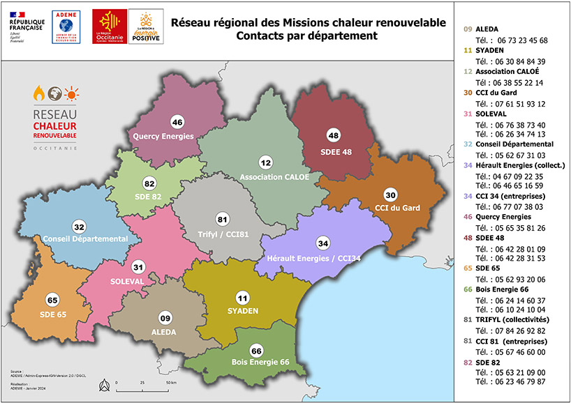 Infographie : carte Réseau régional des Missions chaleur renouvelable Contacts par département