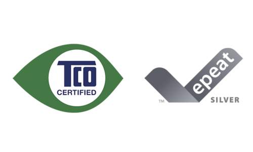 Logos des certifications écologiques TCO Certified à gauche et EPEAT Silver à droite.