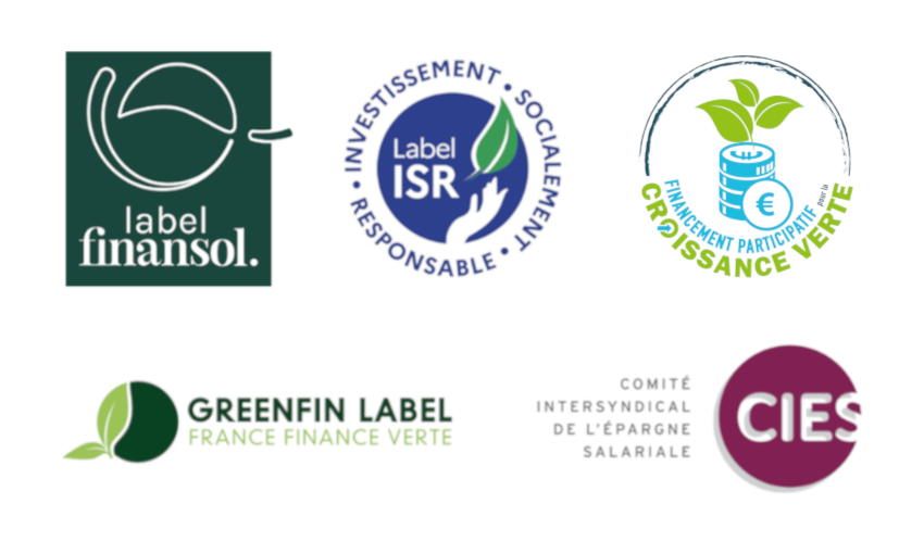 Les cinq Labels du marché français : finansol, ISR (investissement socialement responsable), croissance verte - financement participatif, Greenfin Label - France finance verte, CIES (Comité intersyndical de l'épargne salariale).