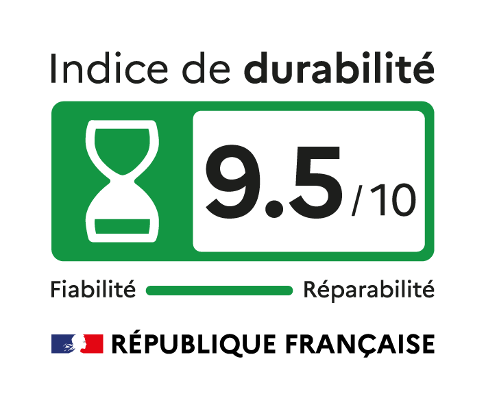 Etiquette Indice de durabilité par la République française : sablier sur fond vert affichant une note de 9,5 sur 10 sur une échelle de fiabilité et réparabilité