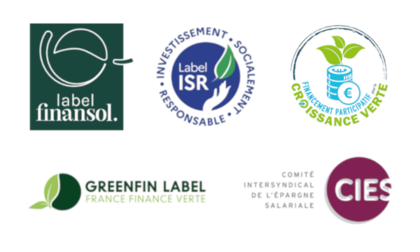 Les cinq Labels du marché français : finansol, ISR (investissement socialement responsable), croissance verte - financement participatif, Greenfin Label - France finance verte, CIES (Comité intersyndical de l'épargne salariale).