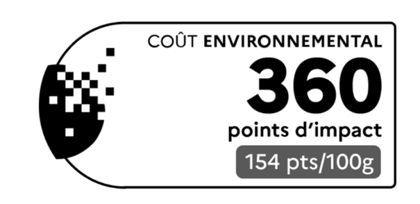 Exemple de pictogramme sur le coût environnemental d'un produit. Le produit possède 360 points d'impact, soit 154 points par 100 grammes.