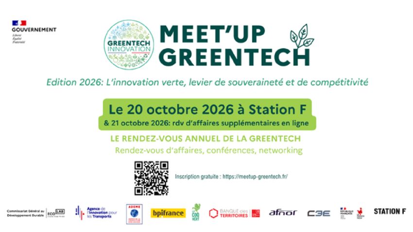 Affiche du Meet’Up Greentech 2026, consacré à « l’innovation verte, levier de souveraineté et de compétitivité ». Événement le 20 octobre 2026 à Station F, avec des rendez-vous d’affaires supplémentaires en ligne le 21 octobre. Au programme : rendez-vous d’affaires, conférences et networking. Inscription gratuite sur meetup-greentech.fr.