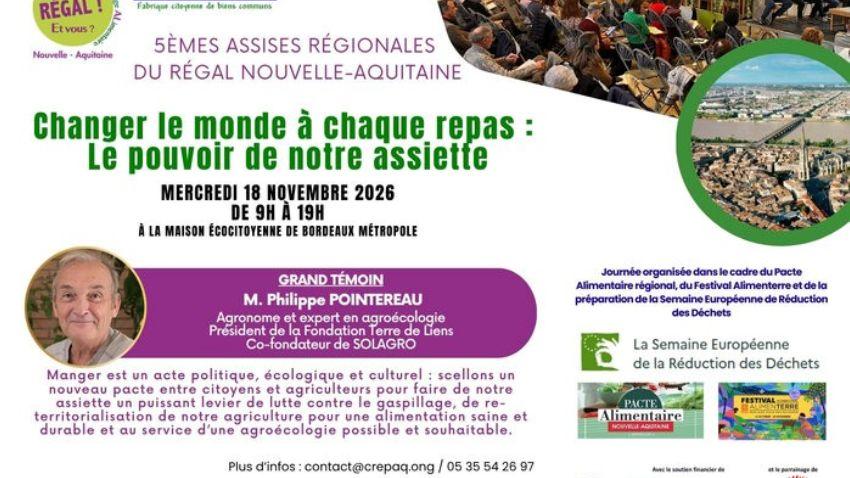Affiche des 5èmes Assises régionales du RÉGAL Nouvelle-Aquitaine, le 18 novembre 2026 à Bordeaux, avec le CREPAQ