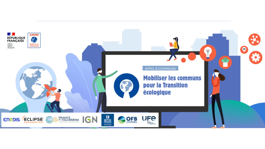 Appel à communs : Mobiliser les communs pour la transition écologique. Logos : République française, ADEME, Enedis, Eclipse Foundation, France Renouvelables, IGN, Météo-France, Office français de la biodiversité et Union française de l’électricité.