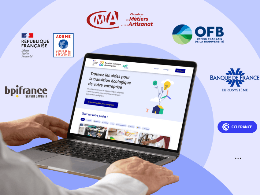 Logos de : Bpifrance, servir l'avenir - République Française - ADEME - CCI France - Chambre des Métiers et de l'Artisanat - Banque de France eurosystème - OFB, Office Français de la Biodiversité