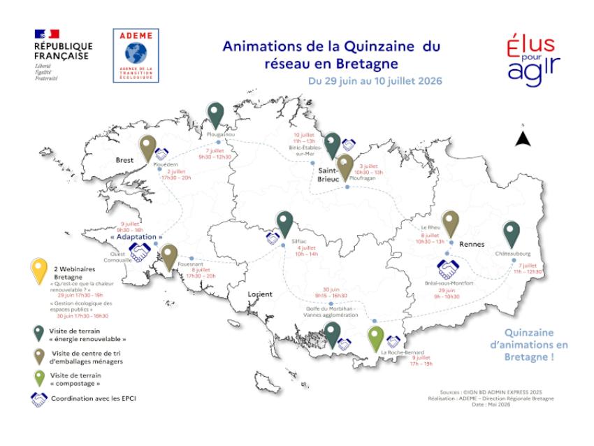 Carte du parcours des animations de la quinzaine du réseau en Bretagne