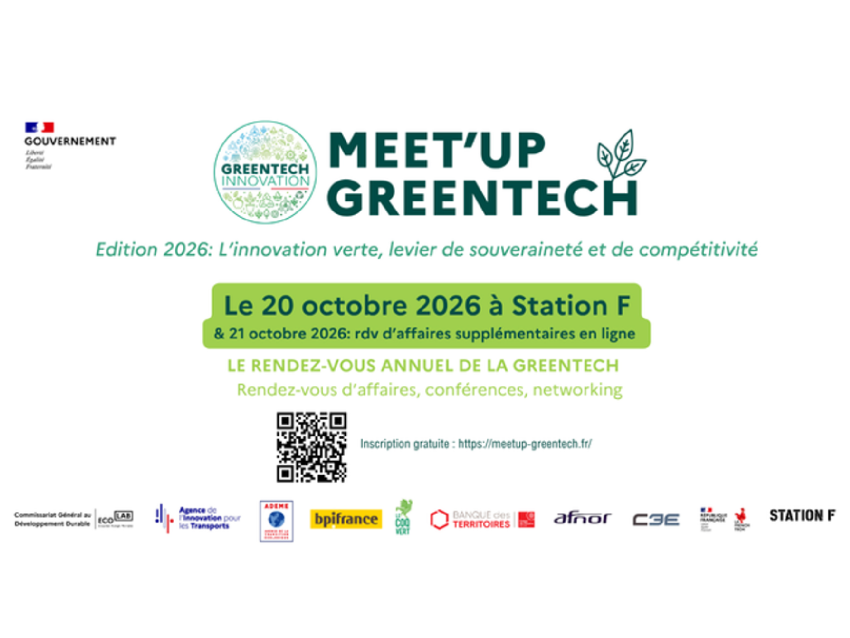 Affiche du Meet’Up Greentech 2026, consacré à « l’innovation verte, levier de souveraineté et de compétitivité ». Événement le 20 octobre 2026 à Station F, avec des rendez-vous d’affaires supplémentaires en ligne le 21 octobre. Au programme : rendez-vous d’affaires, conférences et networking. Inscription gratuite sur meetup-greentech.fr.