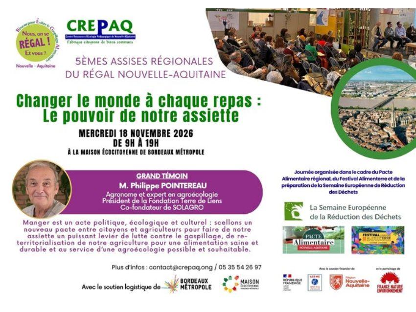 Affiche des 5èmes Assises régionales du RÉGAL Nouvelle-Aquitaine, le 18 novembre 2026 à Bordeaux, avec le CREPAQ
