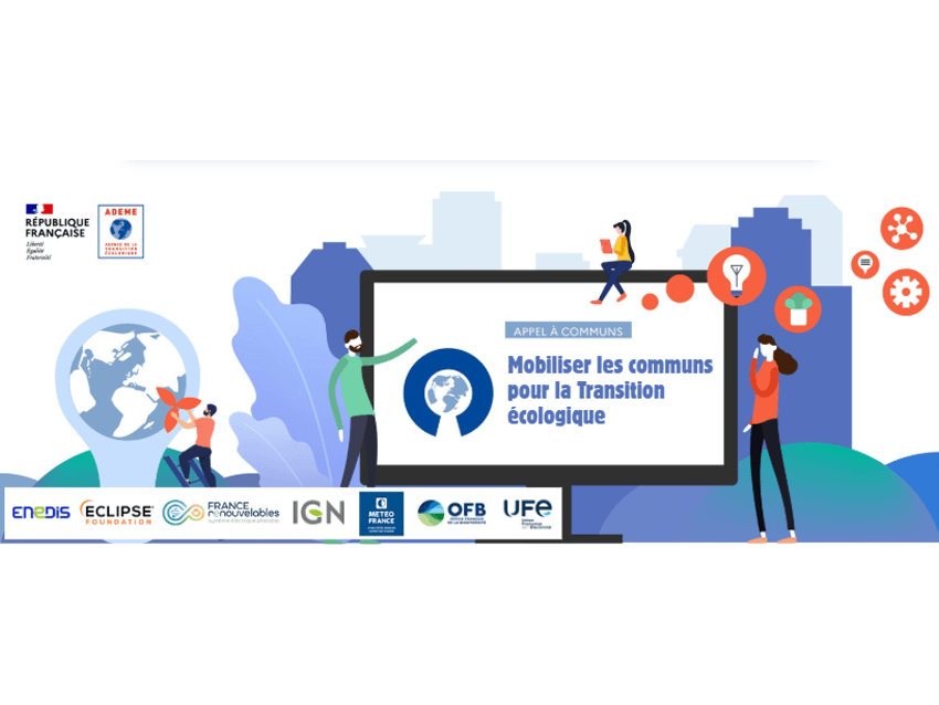 Appel à communs : Mobiliser les communs pour la transition écologique. Logos : République française, ADEME, Enedis, Eclipse Foundation, France Renouvelables, IGN, Météo-France, Office français de la biodiversité et Union française de l’électricité.