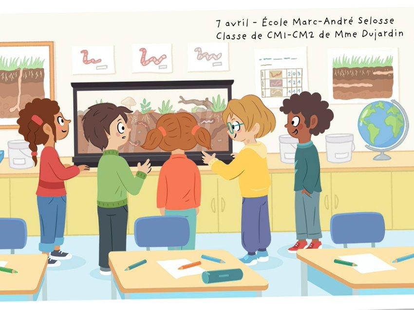 Image extraire d'une vidéo – Enfants dans une classe avec le texte « 7 avril - École Marc-André Selosse ; Classe de CM1-CM2 de Mme Dujardin »
