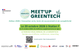 Affiche du Meet’Up Greentech 2026, consacré à « l’innovation verte, levier de souveraineté et de compétitivité ». Événement le 20 octobre 2026 à Station F, avec des rendez-vous d’affaires supplémentaires en ligne le 21 octobre. Au programme : rendez-vous d’affaires, conférences et networking. Inscription gratuite sur meetup-greentech.fr.
